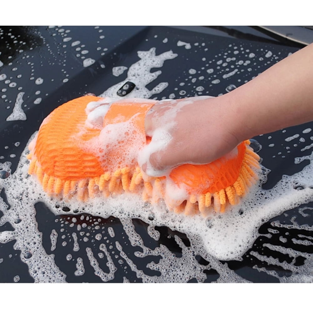 Mrcartool Car Wash Sponge Mitt, Chenille Microfiber Firwood Scratch-Free Highly Absorbent Washing Sponge Cleaning Tool with Handle Strap, Orange