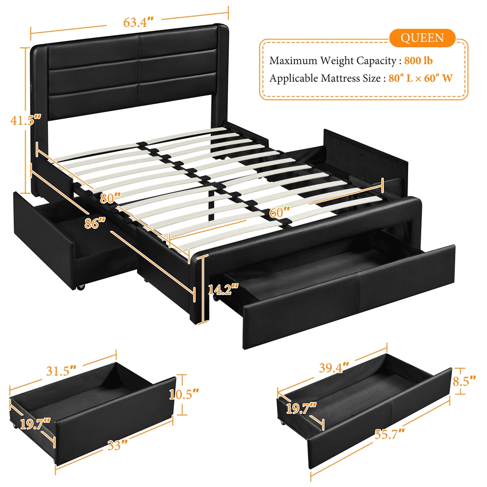 Easyfashion Upholstered Platform Queen Bed with 3 Storage Drawers and Built-in USB Ports, Black