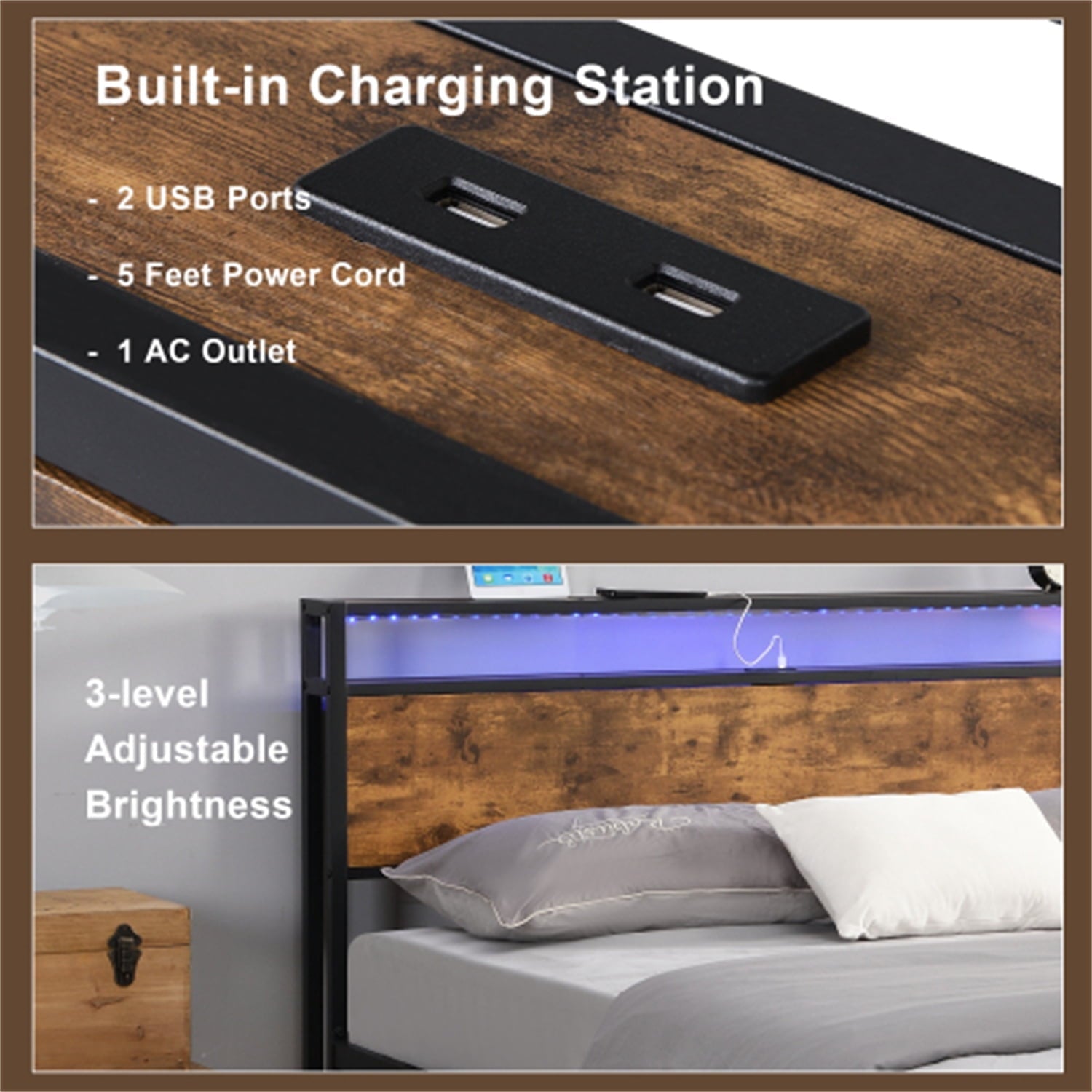 Full Size Platform Bed with LED Lights and 2 USB Ports, Industrial Full Bed Frame with Under-Bed Storage and Wooden Headboard, Noise Free, No Box Spring Needed, Rustic Brown
