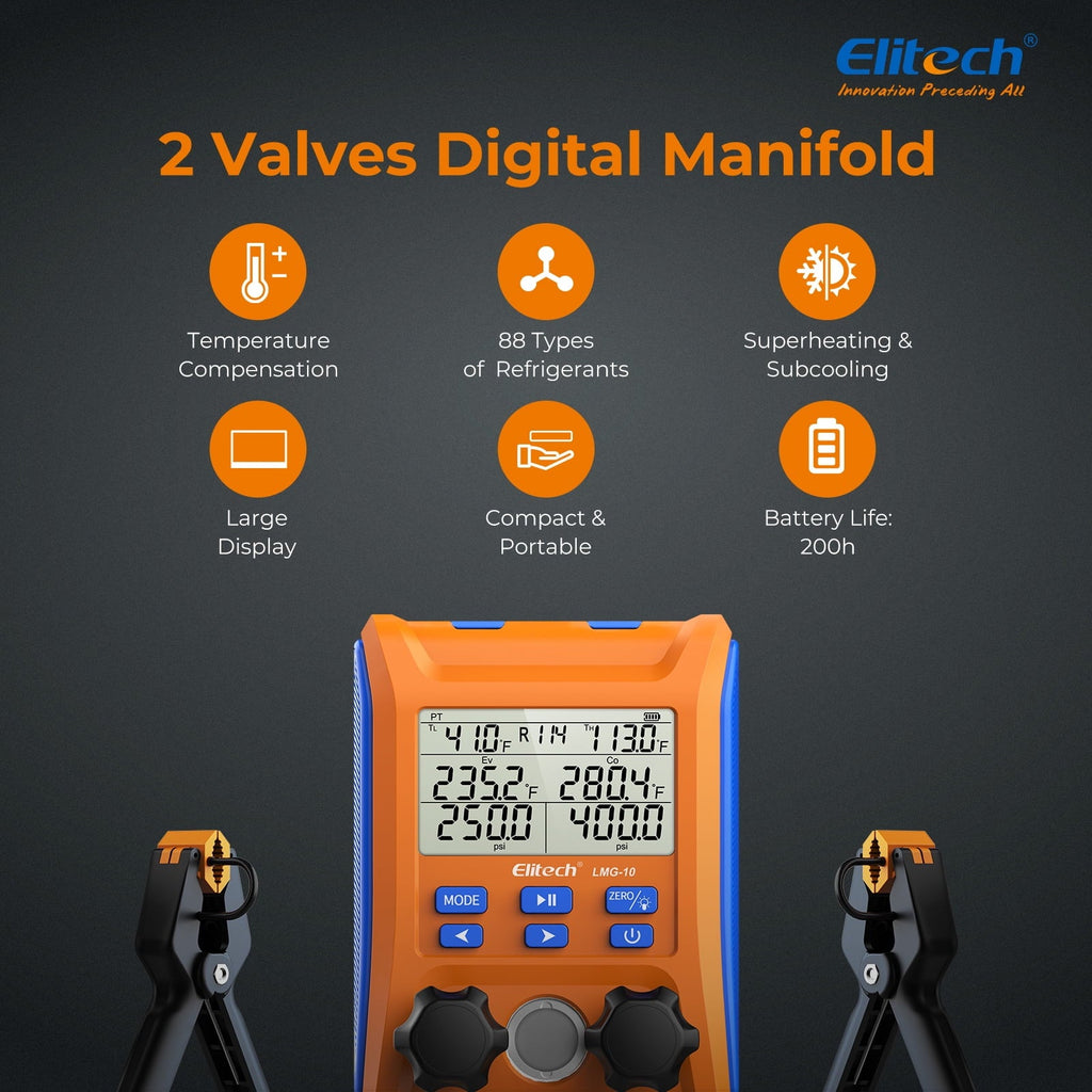 Elitech Digital Manifold Gauge HVAC 2-Way Valve with Thermometer Clamps