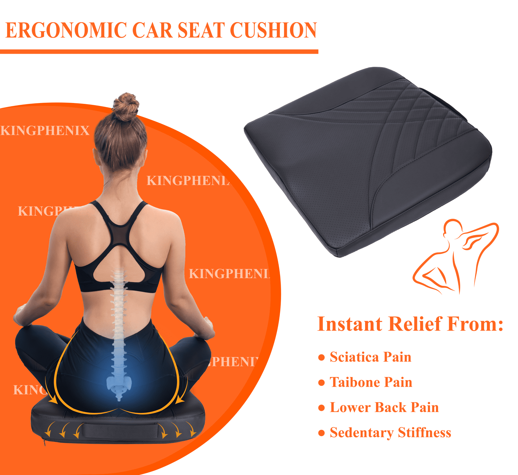 Maxphenix Memory Foam Car Seat Cushion - Coccyx & Back Pain Relief for Car, Truck, Office - Black