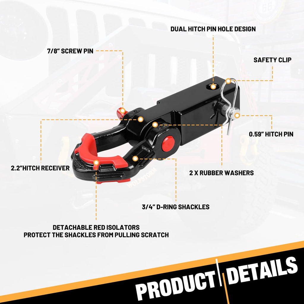 WOLFSTORM 2" Trailer Hitch Shackle Receiver 3/4" D-Ring Shackle Recovery For Truck Jeep SUV