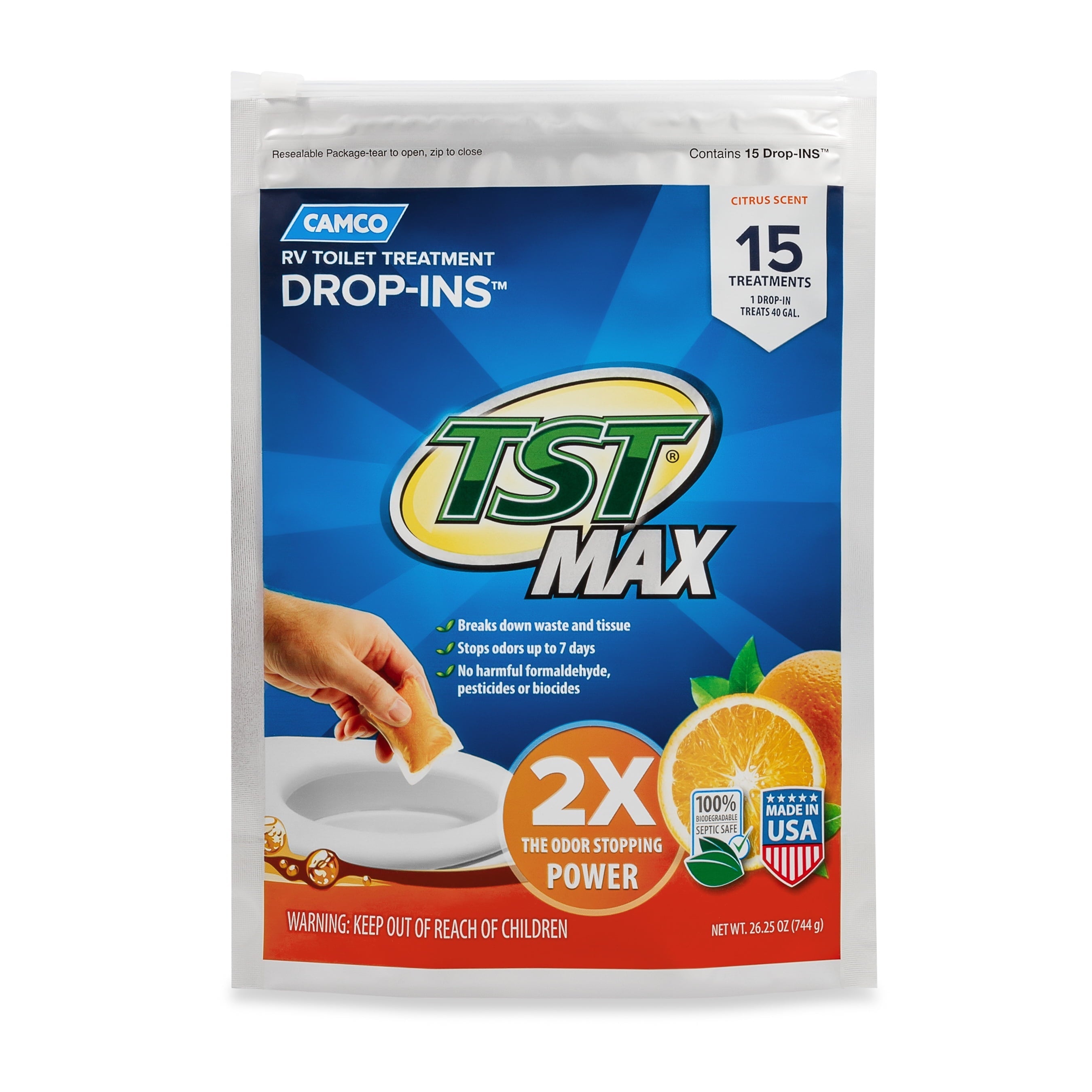 Camco TST MAX Camper/RV Toilet Treatment Drop-INs | Control Unwanted Odors and Break Down Waste and Tissue | Safe Septic Tank Treatment | Orange Scent | 15-Pack (41189)