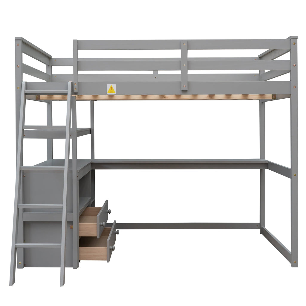 Euroco Full Size Wood Loft Bed with Desk, Shelves and Cabinets for Kids Room, Incline Ladder and 3 Drawers, Gray