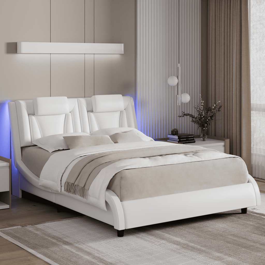 Homfa Queen Size LED Bed Frame, PU Leather Curved Upholstered Platform Bed with Adjustable Headboard and Pillow, White