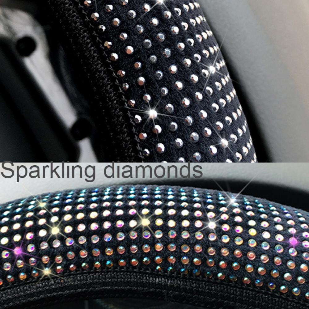 Diamond Leather Steering Wheel Cover with Bling Bling Crystal Rhinestones, Universal Fit 15 Inch Car Wheel Protector for Women Girls