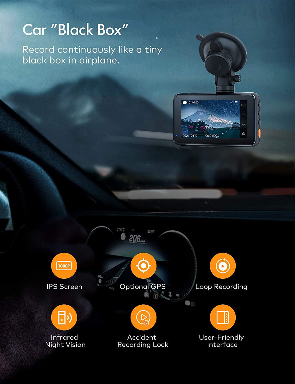 APEMAN Dash Cam, Superior Night Vision WDR, 1080P Dash Camera Sony Sensor, 3'' IPS Screen, 170° Wide Angle, Black, Support GPS