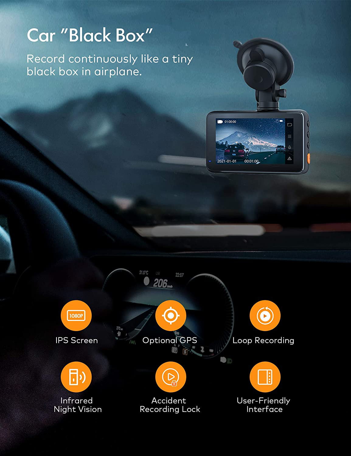 APEMAN Dash Cam, Superior Night Vision WDR, 1080P Dash Camera Sony Sensor, 3'' IPS Screen, 170° Wide Angle, Black, Support GPS