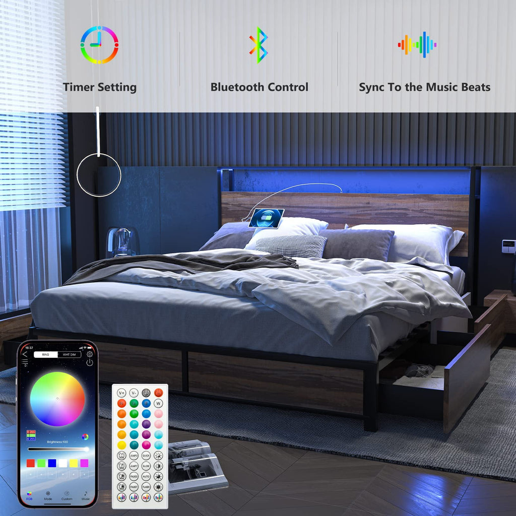 Queen Size Bed Frame with LED Lights Headboard & Storage Drawers - Metal Platform Bed with Power Outlet and USB Ports(Brown-Queen)