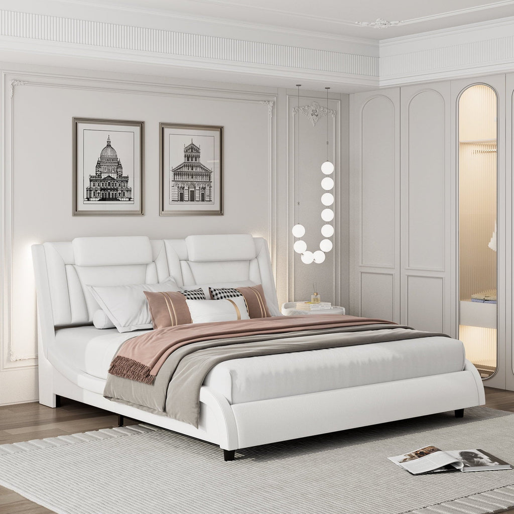 Homfa Queen Size LED Bed Frame, PU Leather Curved Upholstered Platform Bed with Adjustable Headboard and Pillow, White