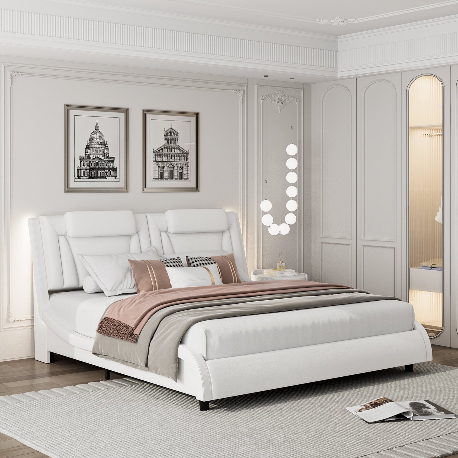 Homfa Queen Size LED Bed Frame, PU Leather Curved Upholstered Platform Bed with Adjustable Headboard and Pillow, White