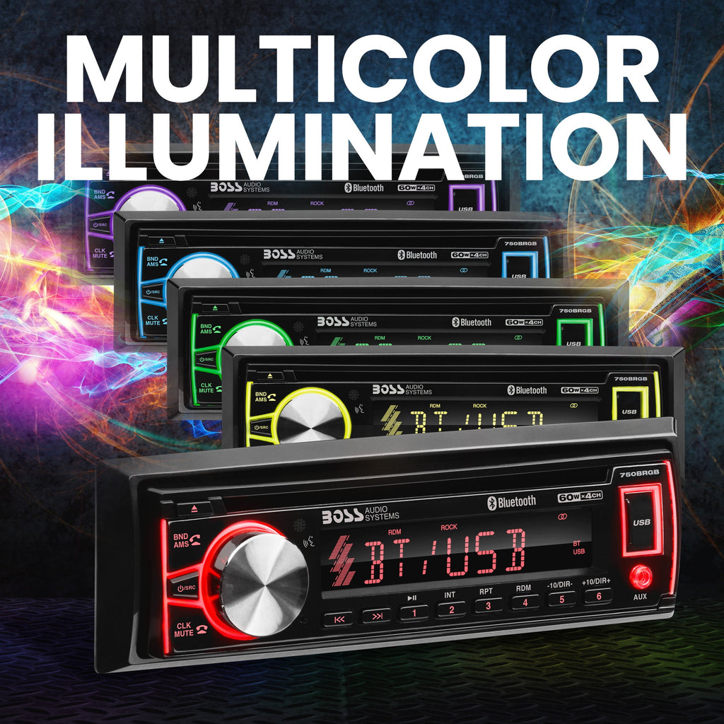 BOSS Audio Systems 750BRGB Car Audio Stereo System - Single Din, Bluetooth Audio and Calling Head Unit, CD Player, USB, AUX Input, AM/FM Radio Receiver, Multi Color Illumination, Hook up to Amplifier