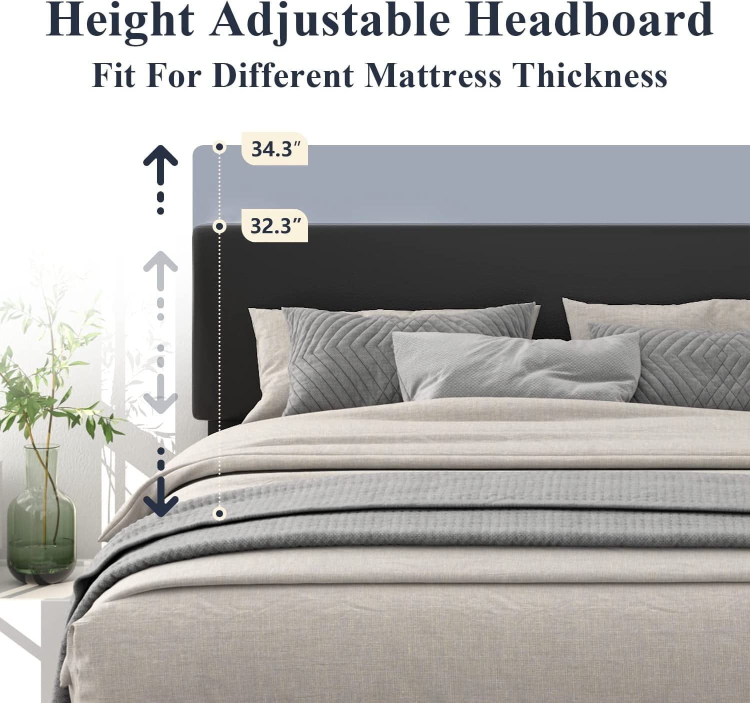 Allewie King Size Platform Bed Fame with Upholstered Adjustable Leather Headboard, Black