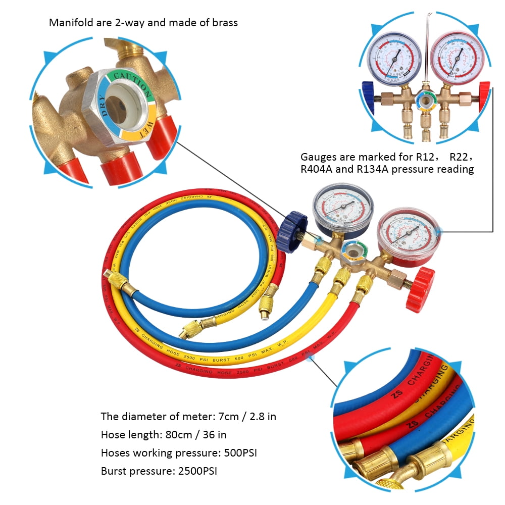 Refrigerant Manifold Gauge Set Air Conditioning Tools With Hose And Hook For R12 R22 R404A R134A