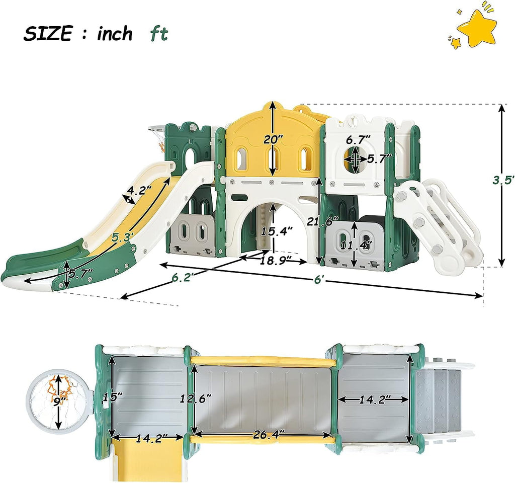 Holaki 6 in 1 Toddler Slide Set, Kids Slide for Toddlers, Kids Playing Climber Sliding Playset with Basketball Hoop, Tunnel and Storage Space, Toddler Playground Indoor Outdoor