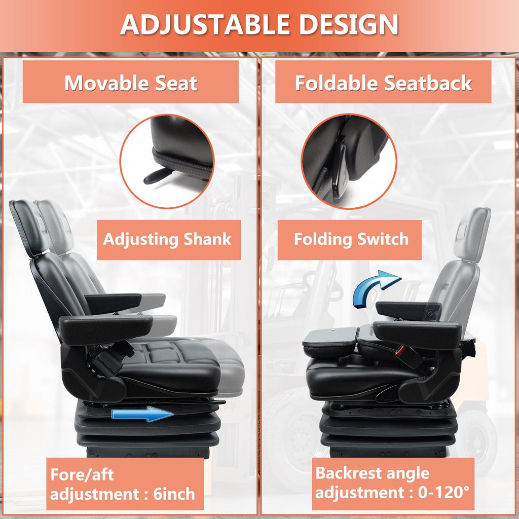 TICSEA Universal Heavy Duty Forklift Seat with Mechanical Suspension, Equipped with Adjustment Arm Rest, Seat Belt for Tractor Excavator Skid Steer