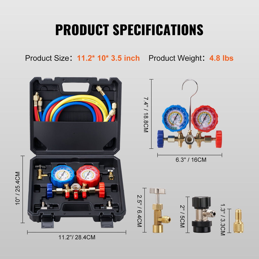 BENTISM AC Manifold Gauge Set 3-Way Fit R134A R22 R12 R502 Refrigeration Charging with Portable Case 3PCS Hoses