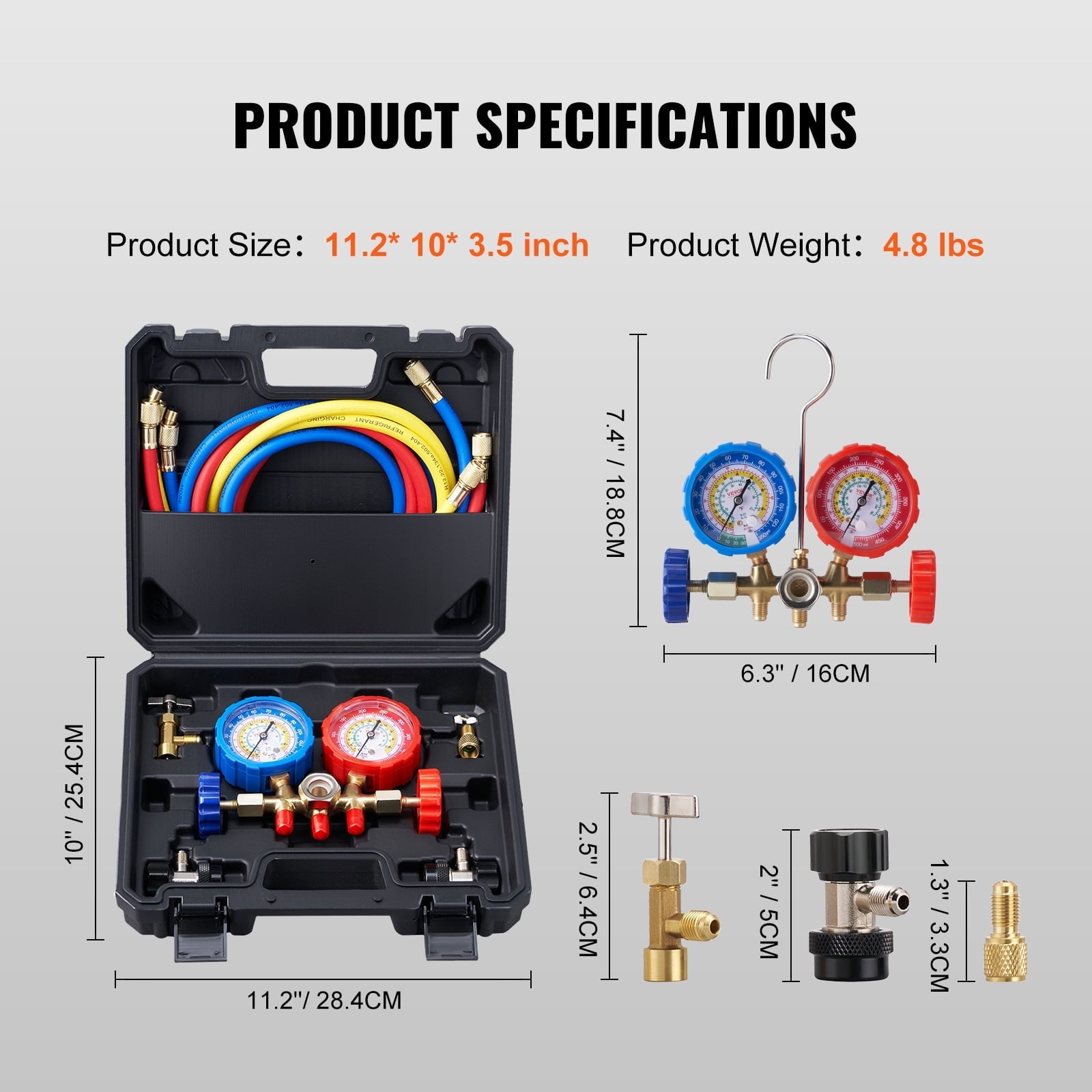BENTISM AC Manifold Gauge Set 3-Way Fit R134A R22 R12 R502 Refrigeration Charging with Portable Case 3PCS Hoses