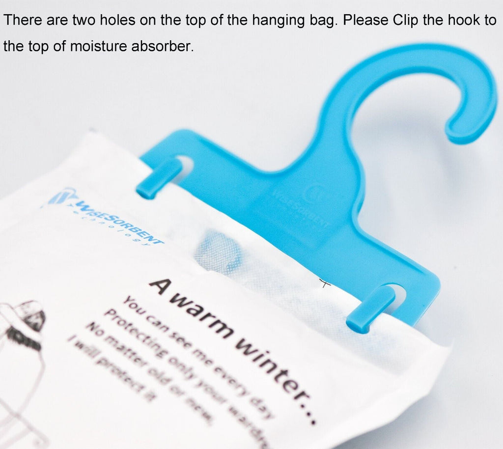Wisesorb Moisture Absorber Refill Hanging Bags, 12 Pack (7 oz. ea.) of Tyvek Paper Moisture Absorber Packets with 6pcs Hooks, Humidity Packs, Hanging Closet Dehumidifier Bags