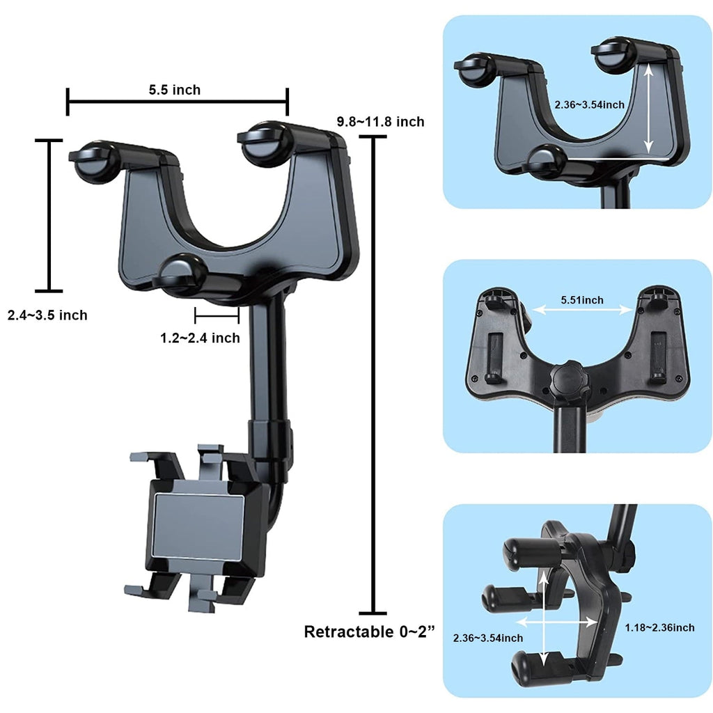 Romanda 360° Rotatable Rearview Mirror Phone Mount for Car, Retractable Universal Car phone Holder Mount for Car Decor, Four Corners Fixed Anti-Shake Design, for All Mobile Phones and All Car