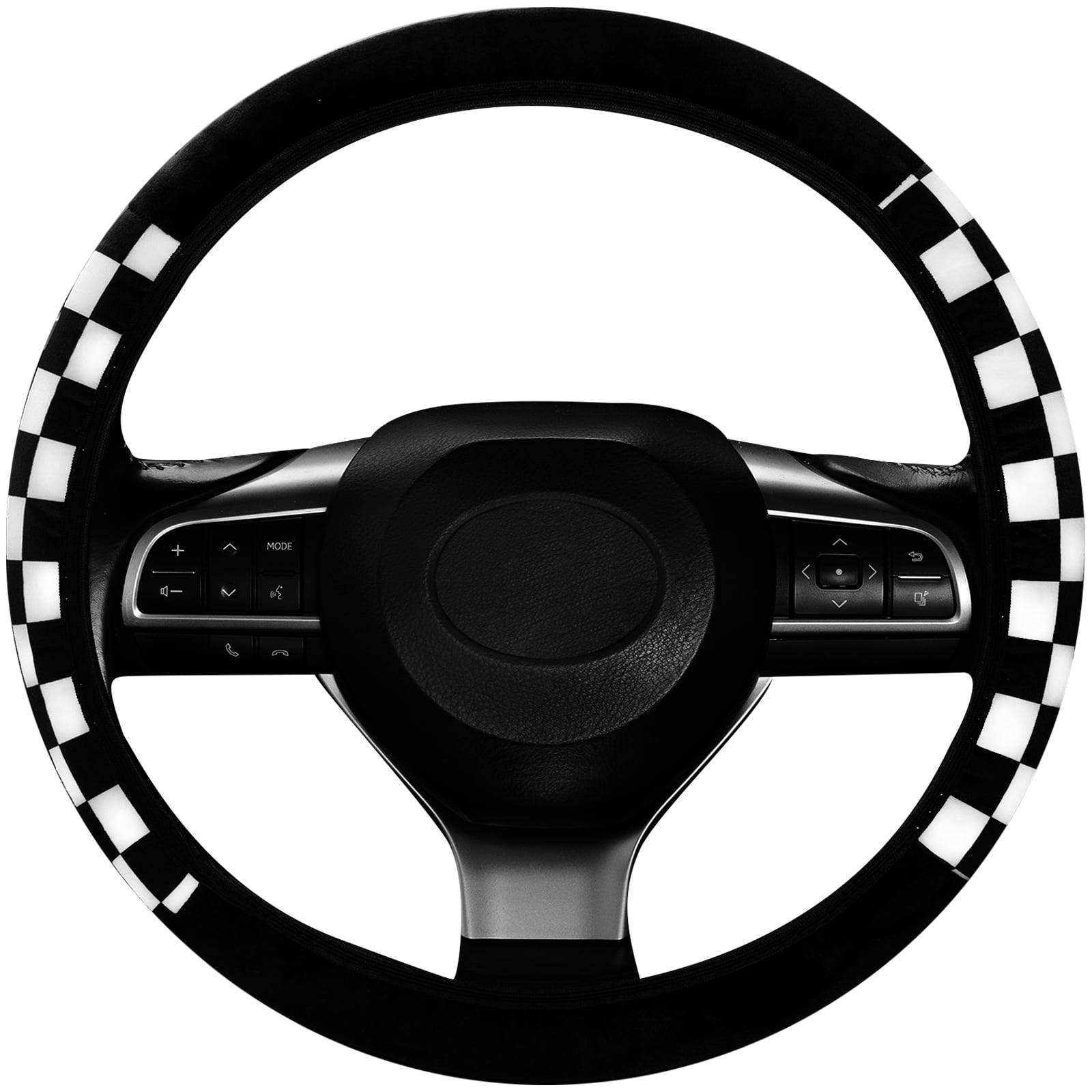 Checkered Plaid Soft Warm Fuzzy Auto Steering Wheel Cover Plush Universal Winter White-Black Fit for Truck, SUV, Cars