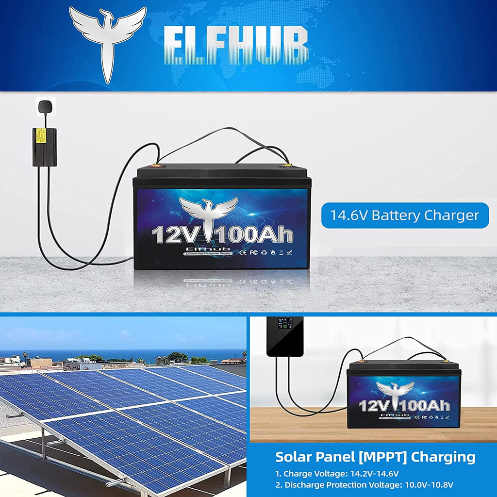 Elfhub 12v 100Ah LifePo4 Battery 7000 Deep Cycles with BMS Lithium Iron for RV Campers Solar Marine Caravans Golf Carts Boat Fishing