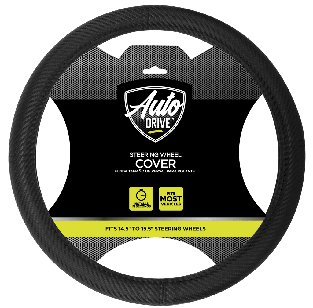 Auto Drive 1PC Steering Wheel Cover Carbon Fiber Black - Universal Fit
