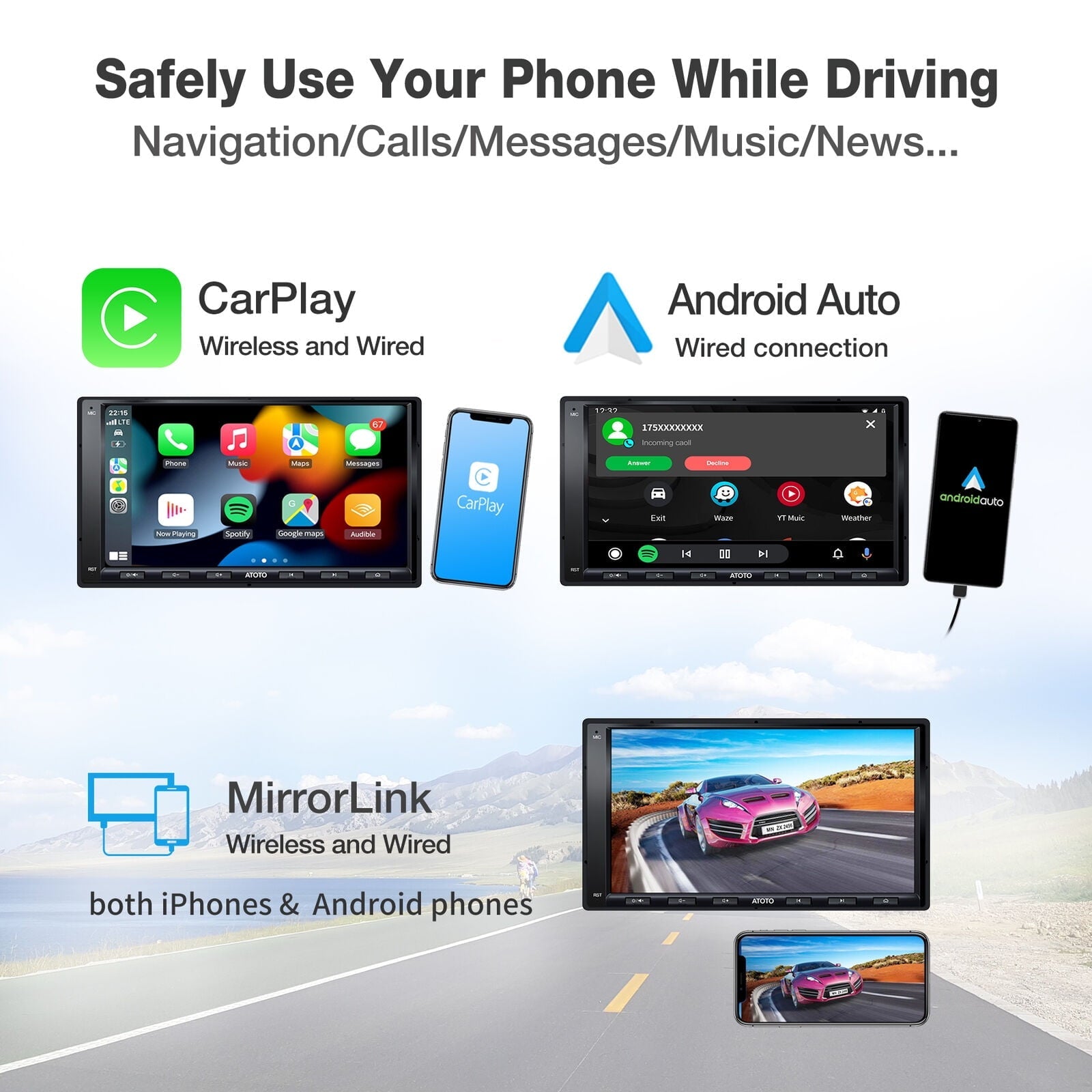 ATOTO 7inch Touchscreen Car Stereo Head Unit,A6PF Double Din Wireless Apple Carplay&Wireless Android Auto with GPS Tracker,HD Camera Input