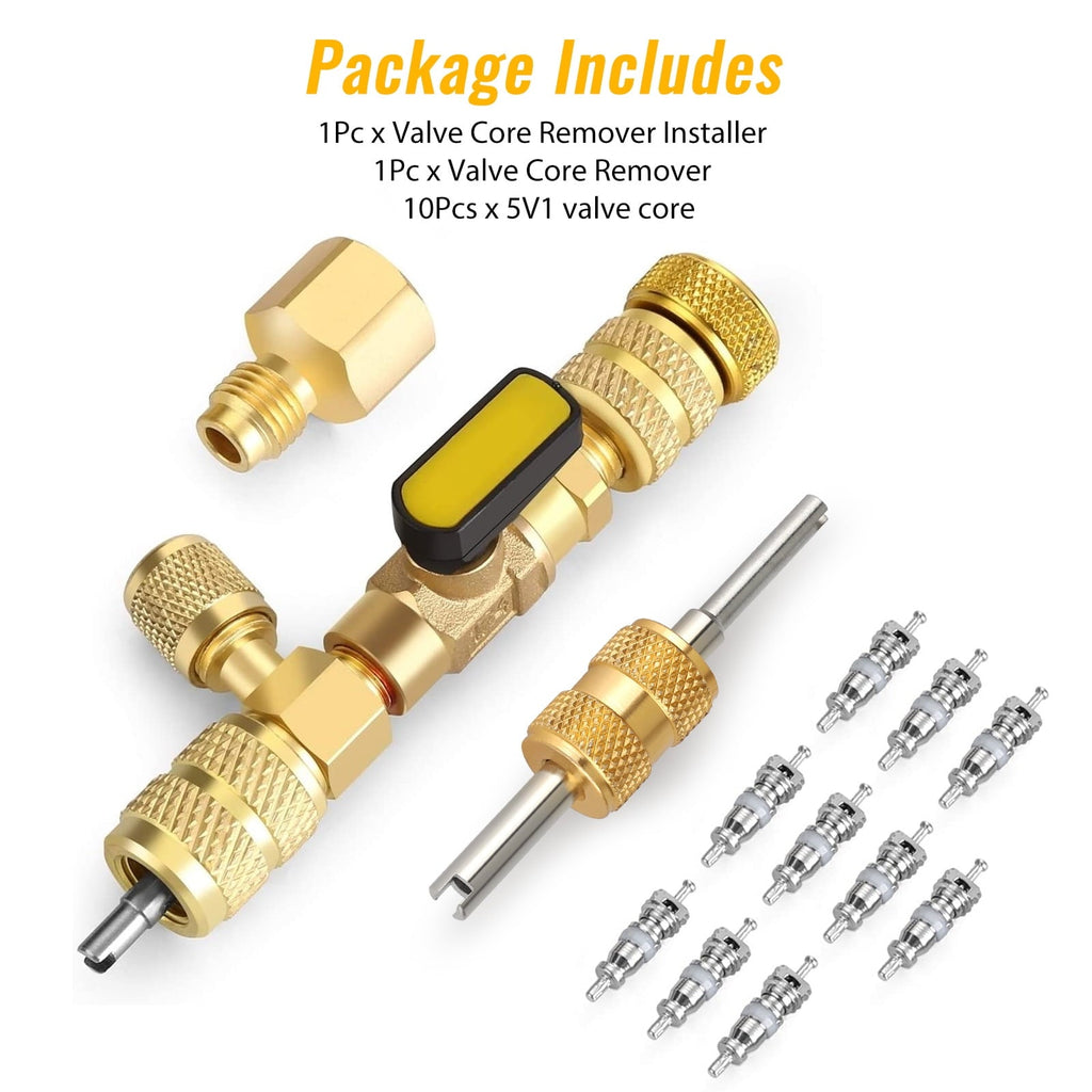 Valve Core Remover Installer Tool, EEEkit Dual Size SAE 1/4 and 5/16 Port Air Conditioning Line Repair Tools for HVAC R22 R410A, 5 Valve Cores with Teflon Seal