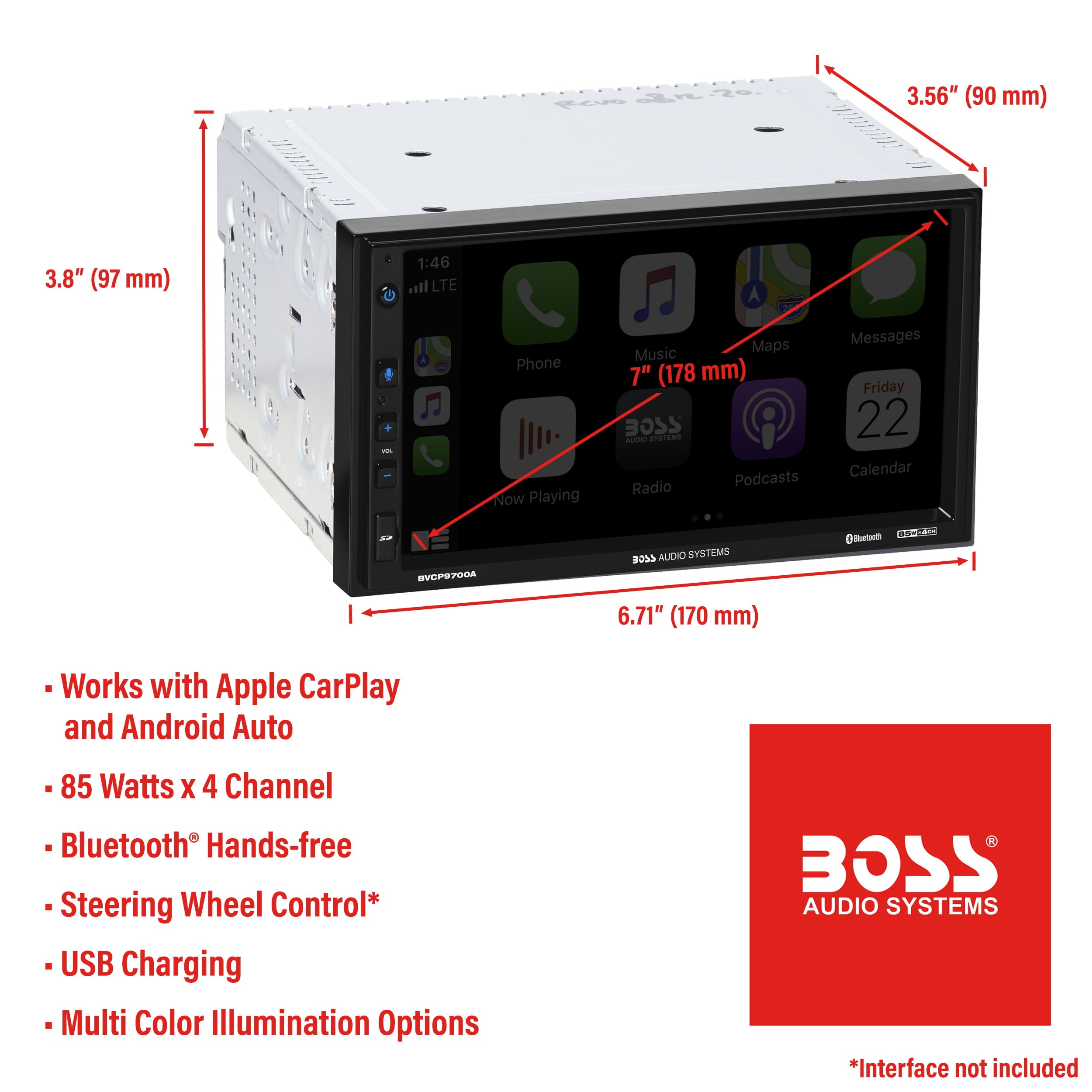 Restored Premium BOSS Audio Systems BVCP9700A Car Audio Stereo System Apple CarPlay, Android Auto, 7 inch Double Din, Touchscreen, Bluetooth Audio and Calling Head Unit, Radio Receiver (Refurbished)