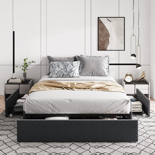 Allewie Queen Size Platform Bed Frame with 3 Storage Drawers, Fabric Upholstered, Dark Grey