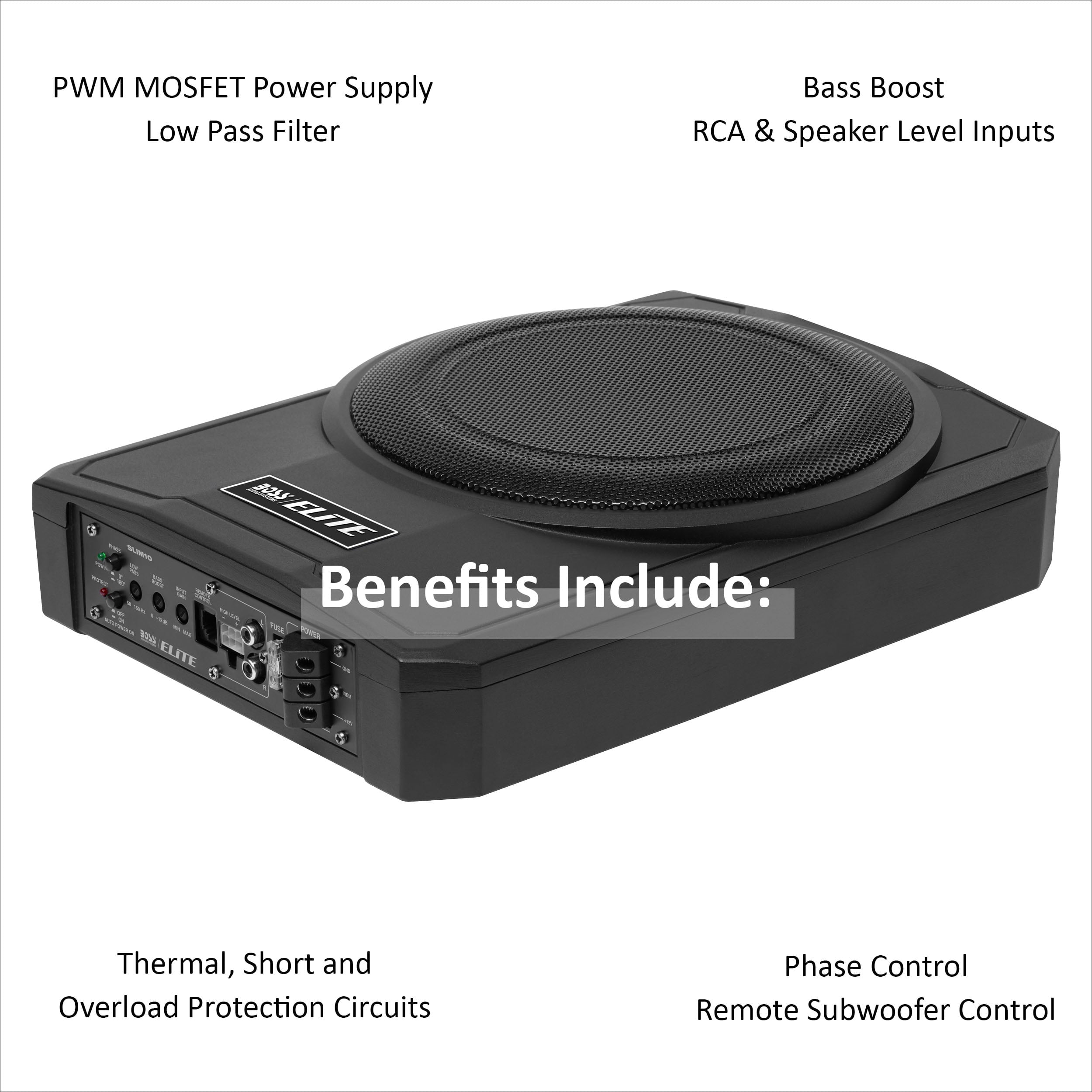 BOSS Audio Systems SLIM10 Elite Series 10 Inch Powered Car Audio Subwoofer - Low Profile, Remote Subwoofer Control, Built In Amplifier, Under Seat, For Truck, Hook Up To Amplifier