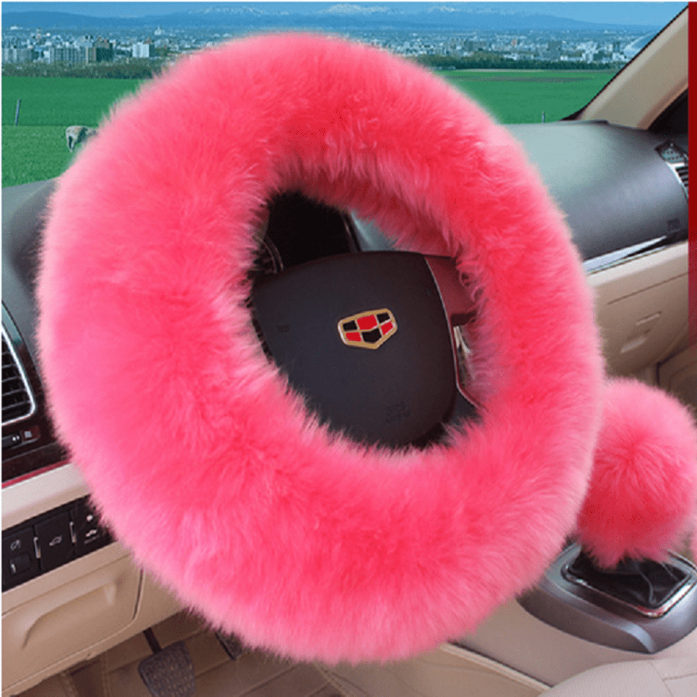 Carolily Finery New 3Pcs/Set Woolen Winter Warm Fuzzy Steering Wheel Cover Long Plush Handbrake Car Accessory