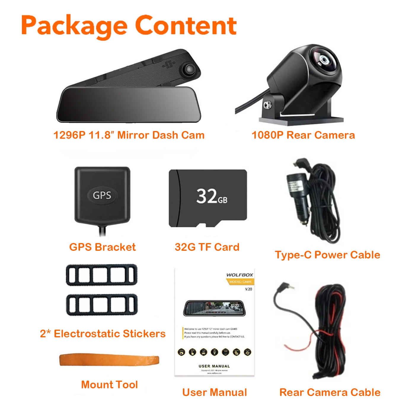 WOLFBOX 12" 1080P Mirror Dash Cam with Full Touch Screen,Backup Camera Rear View Mirror Dash Camera, Parking Monitor, Free 32GB TF Card & GPS