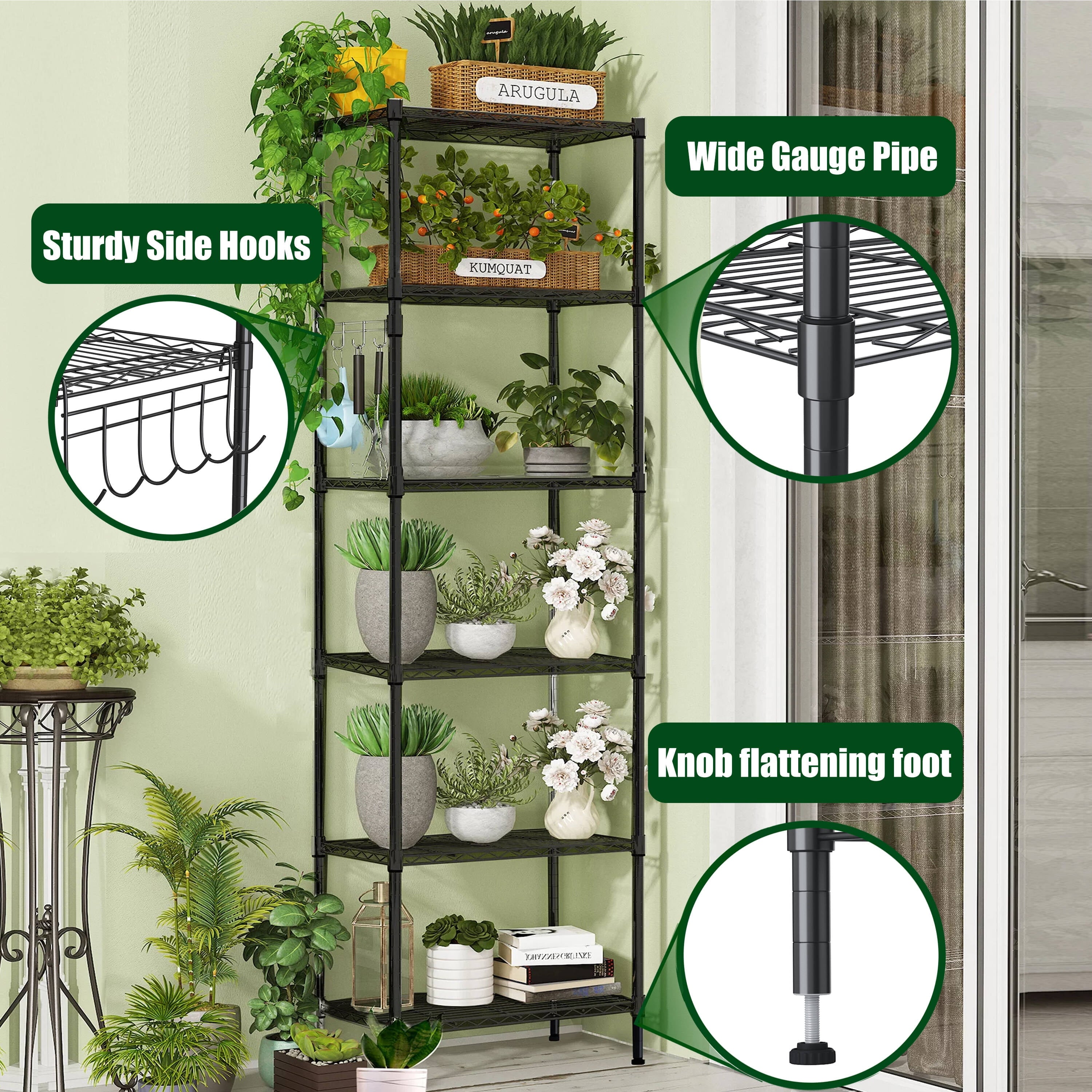 6-Tier Wire Shelving Unit Storage Rack Metal Shelf Organizer with 6 Hooks for Kitchen Bathroom Garage Balcony 21.26" x 11.42" x 62.99"