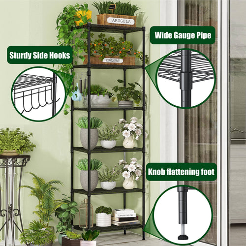 6-Tier Wire Shelving Unit Storage Rack Metal Shelf Organizer with 6 Hooks for Kitchen Bathroom Garage Balcony 21.26" x 11.42" x 62.99"