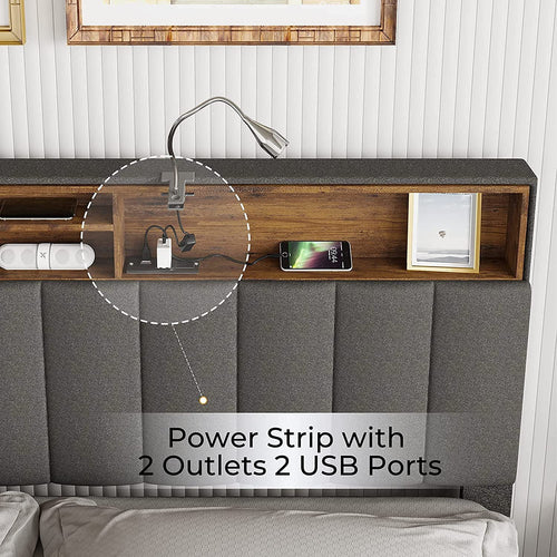 ADORNEVE Queen Size Platform Bed Frame, Modern Fabric Upholstered Bed with Power Strip and Storage Headboard Height Adjustable, No Box Spring Needed, Dark Gray