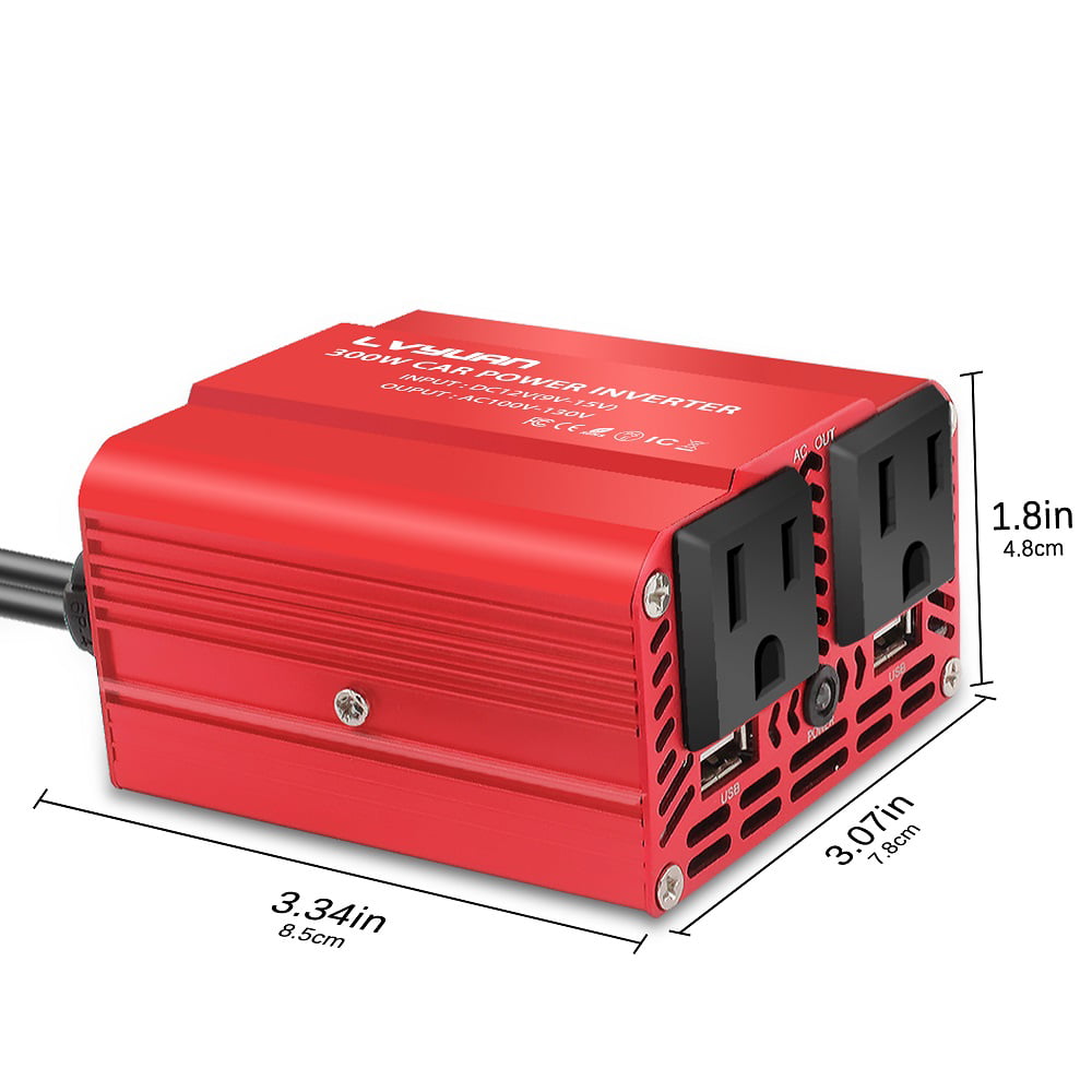 Yinleader 300W DC 12V to AC 110V Power Inverter Car Converter Charge Adapter 2USB 2AC Red