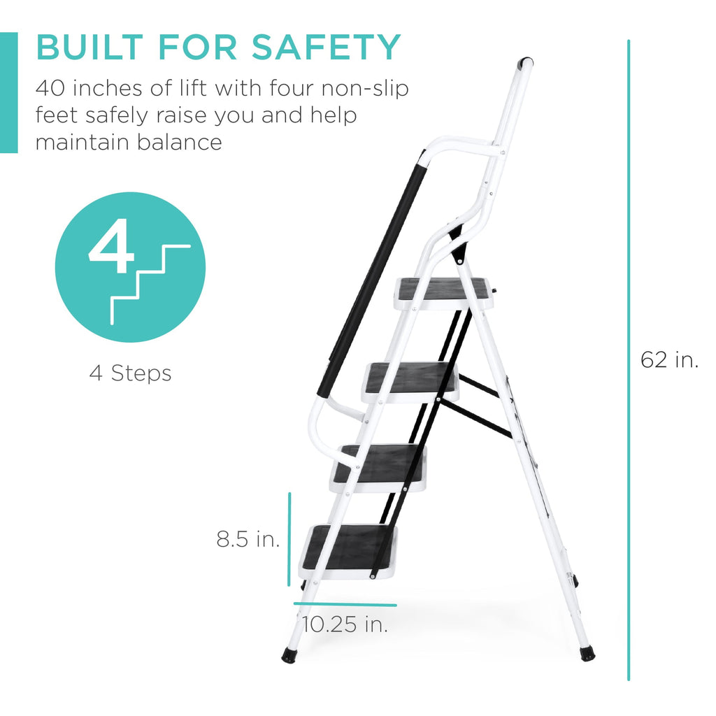 Best Choice Products 4-Step Portable Folding Anti-Slip Steel Ladder w/ Handrails, Attachable Tool Bag