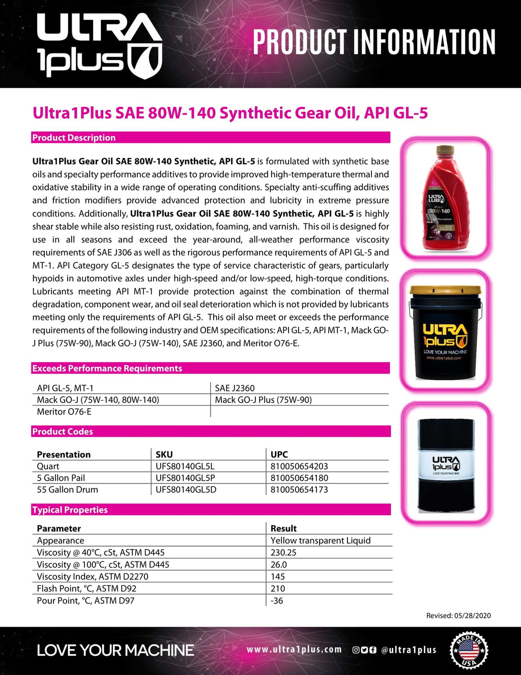 Ultra1Plus™ SAE 80W-140 Synthetic Gear Oil, API GL-5 | 5 Gallon Pail