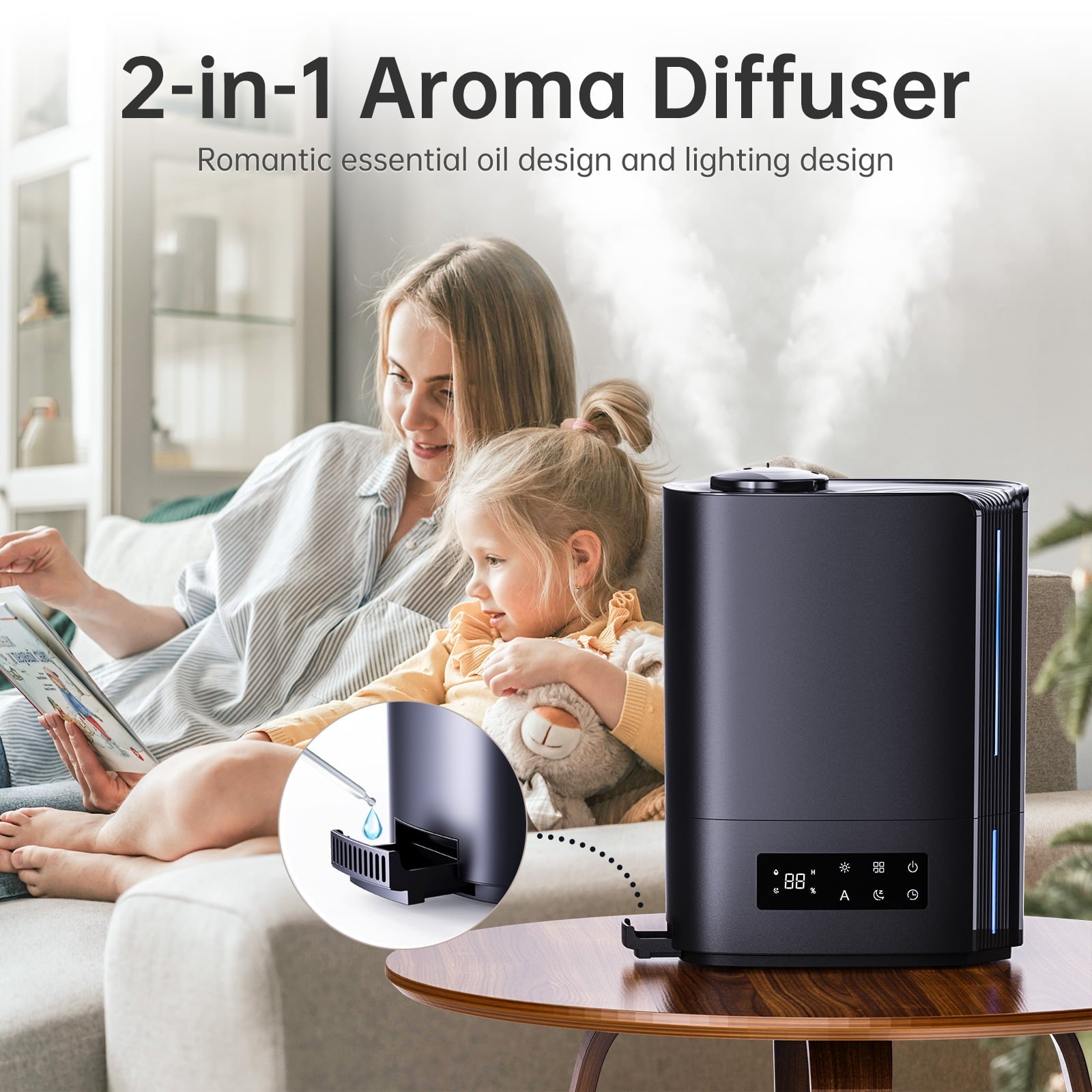 KLOUDIC Top-Fill 6L Cool Mist Large Humidifier for Home Air Vaporizer with Humidistat and Timer