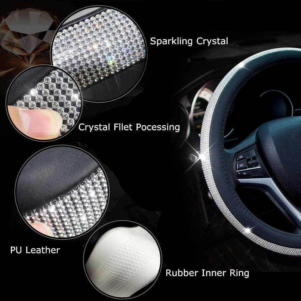 Diamond Leather Steering Wheel Cover Bling Bling Crystal Rhinestones, Universal Fit 15 Inch Car Wheel Protector for Women Girls