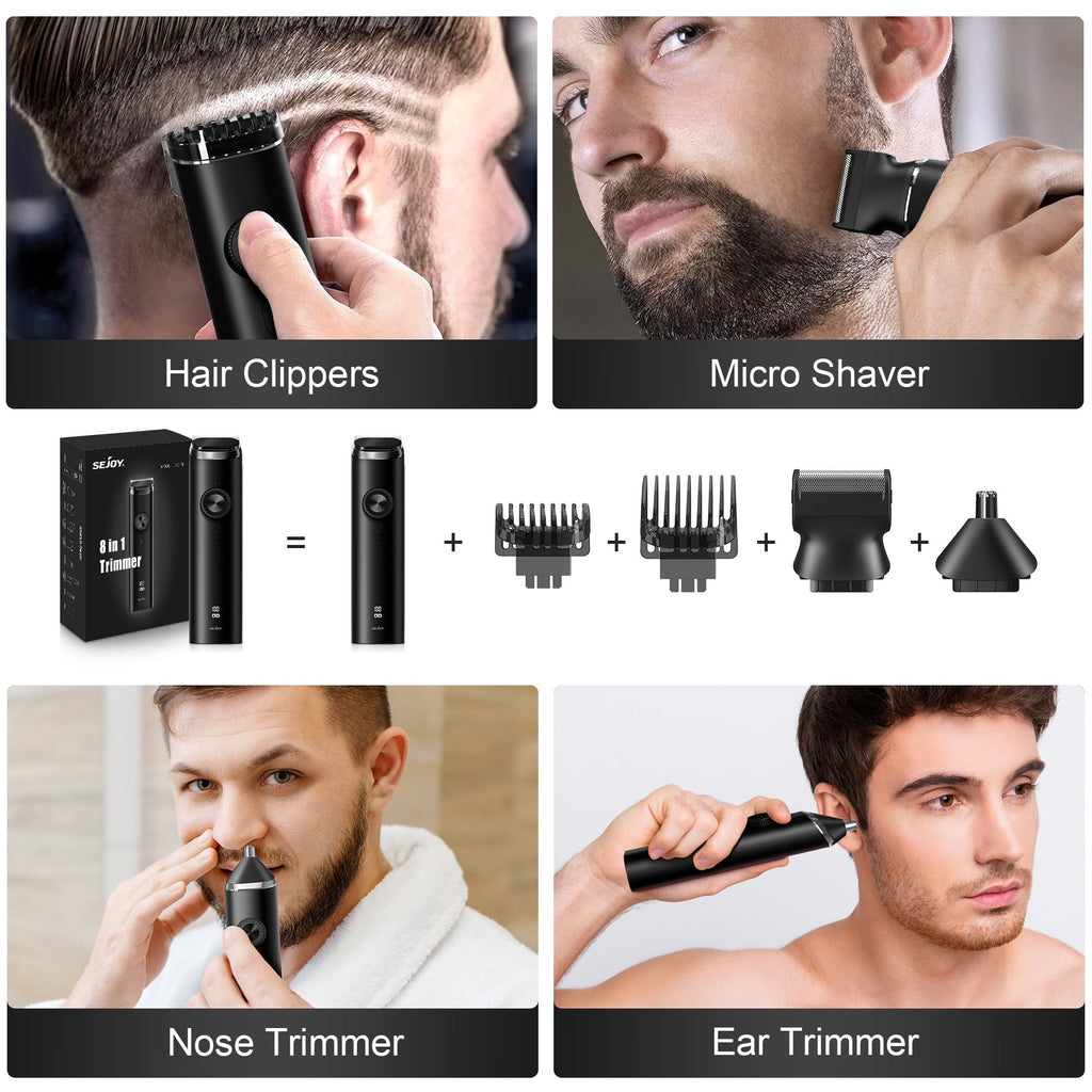 Sejoy Men's Beard Trimmer,Hair Clippers, Waterproof Electric Nose Haircut Mustache Body Trimmer Cordless Foil Shaver Grooming Kit,USB Rechargeable and LED Display Home Travel,Black