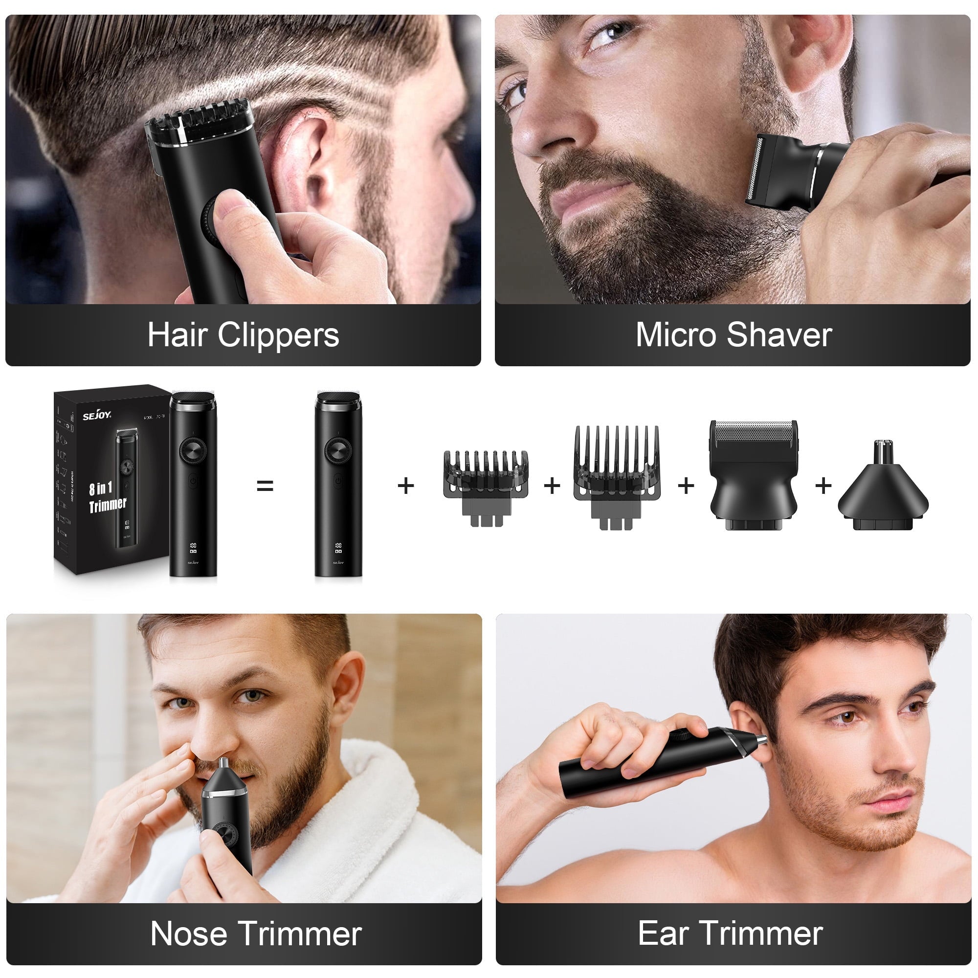 Sejoy Men's Beard Trimmer,Hair Clippers, Waterproof Electric Nose Haircut Mustache Body Trimmer Cordless Foil Shaver Grooming Kit,USB Rechargeable and LED Display Home Travel,Black
