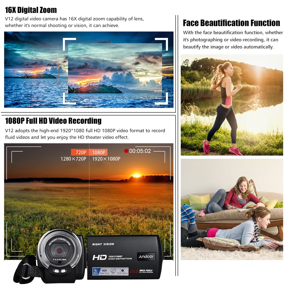 Andoer V12 1080p Full HD 16X Digital Zoom Recording Video Camera Portable Camcorder with 3.0 Inch Rotatable LCD Screen Max. 20 Pixels Support Night Vision Face Detection Face Beautification