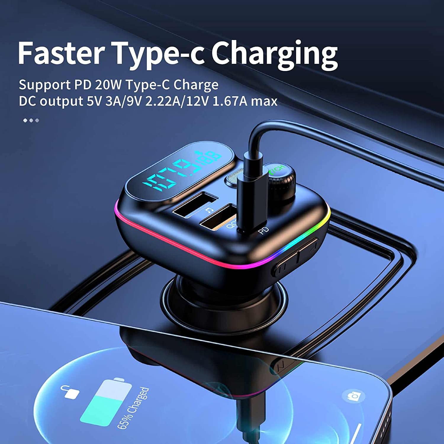 MSOVA 5.0 Bluetooth FM Transmitter with USB Charging Hand Free Calling, 1pcs Black