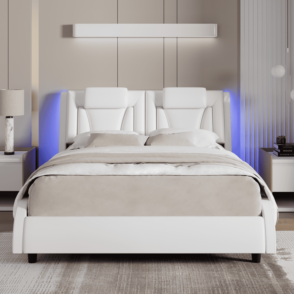 Homfa Queen Size LED Bed Frame, PU Leather Curved Upholstered Platform Bed with Adjustable Headboard and Pillow, White