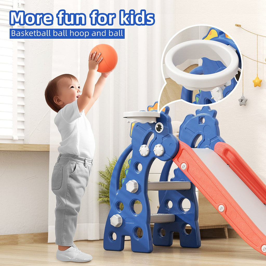 3 in 1 Slide for Kids, Toddler Slide Climber Set for Indoor Outdoor, Freestanding Game Slide with Extra Long Slipping Slope, Basketball Hoop and Ball for Boys & Girls (Blue)