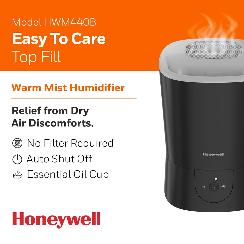 Honeywell 1.5 gal. 500 sq ft Filter Free Warm Mist Humidifier with Essential Oil Cup, Black, HWM440