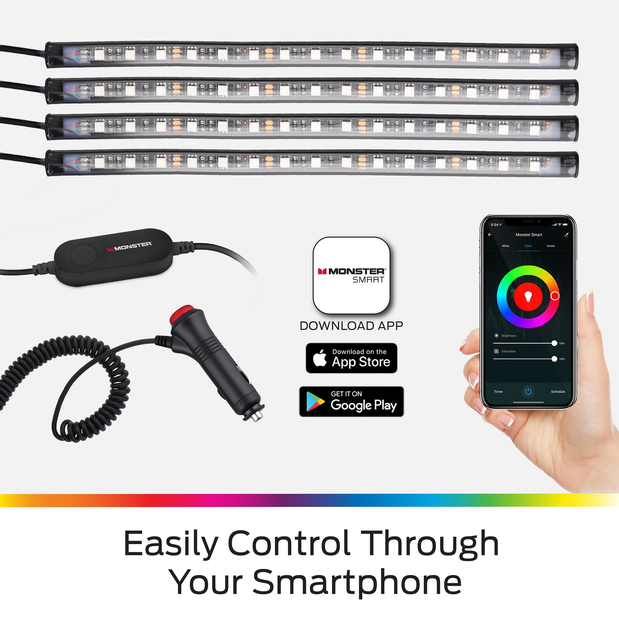 Monster LED Bluetooth Sound-Reactive Multi-Color Car Interior Lights, Customize with App, 4-Pack of 10.5" Strips